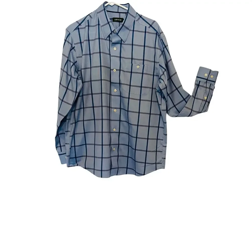 Orvis Mens Long Sleeve Shirt Size L Blue Striped Oxford Button Up Pocket Cotton